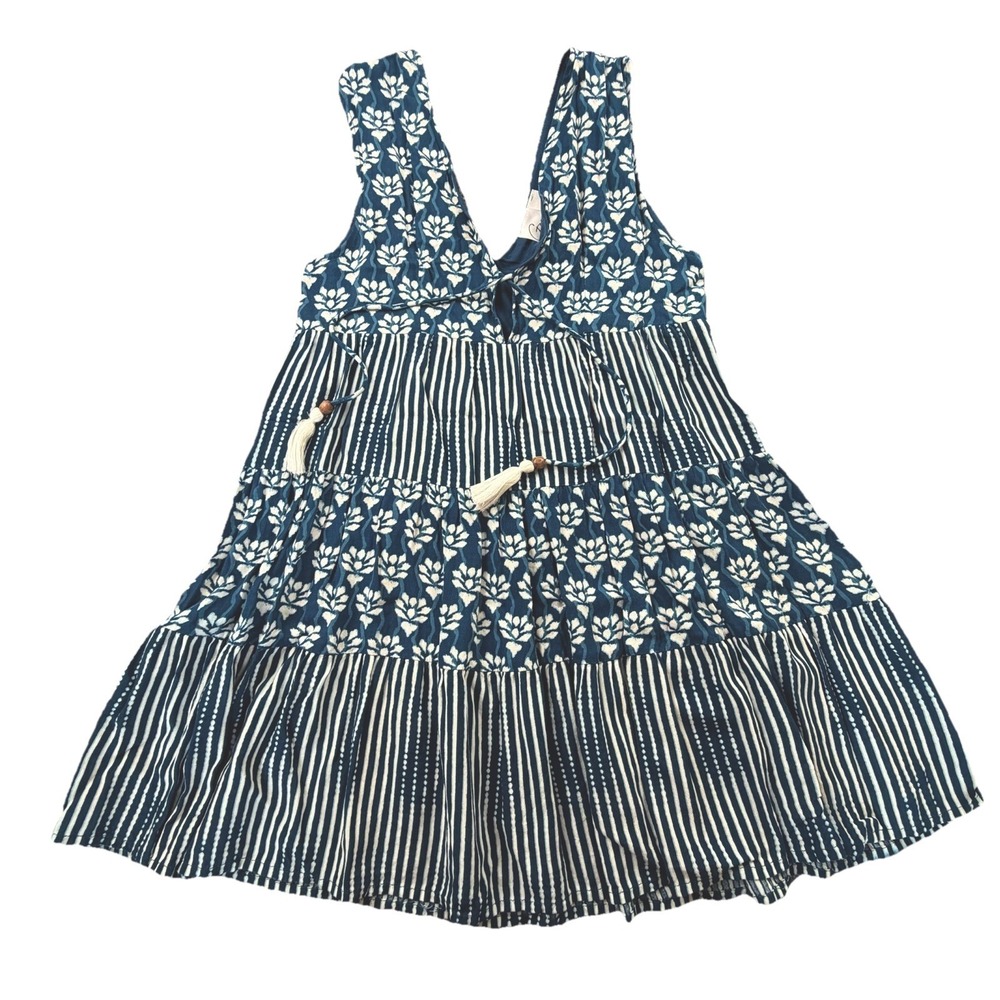 Goa Beachwear Japna Boho Mini Dress‎ Blue Floral Tiered Tassel Sleeveless S